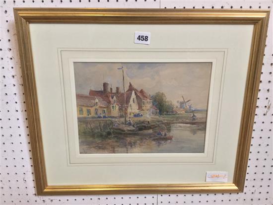 Framed Dutch canal scene watercolour